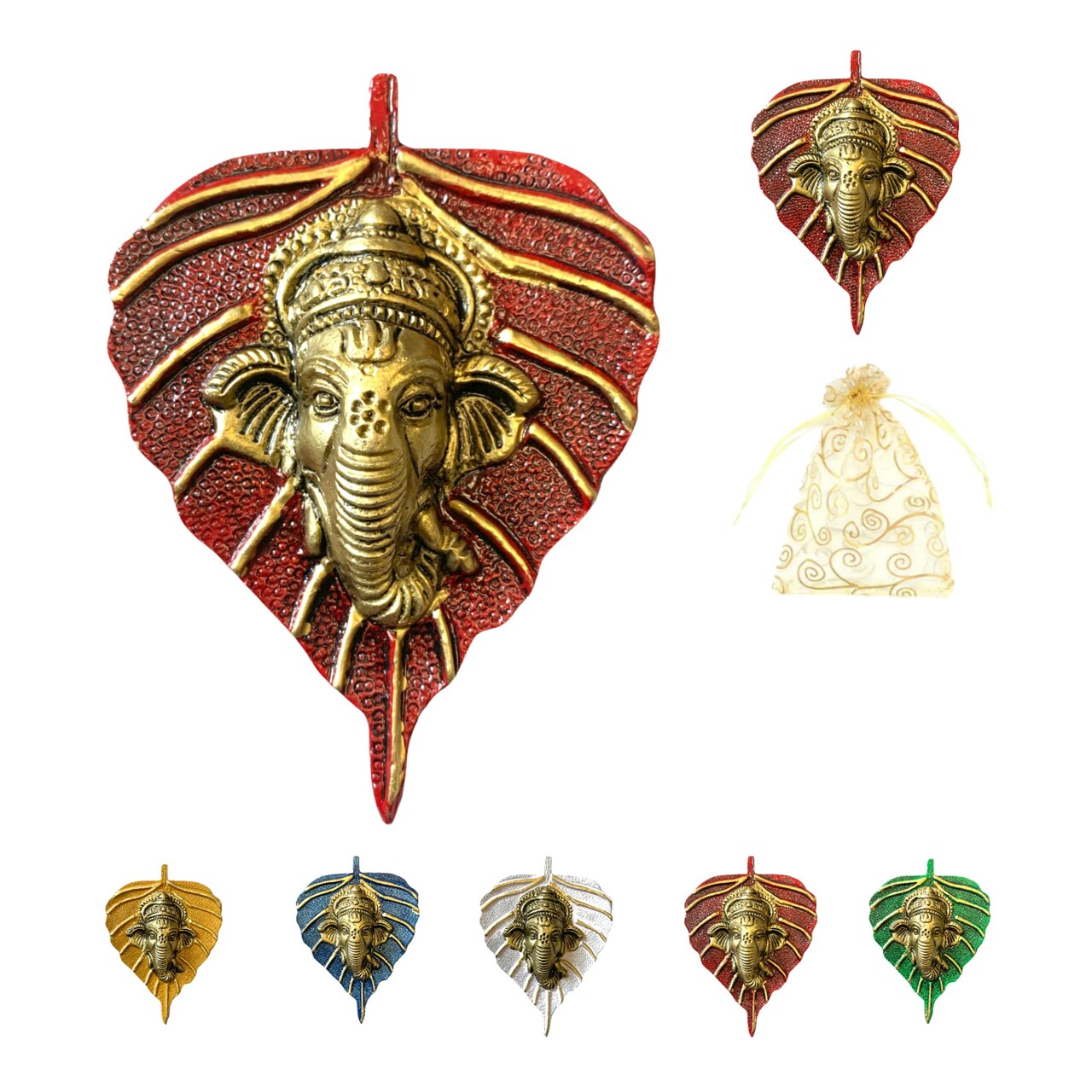 Metal Leaf Ganesha Diwali Decor Wall Hanging for Home & Office Housewarming Return Gift Pooja Favor Ganesha Decorative Wall Hanging Showpiece Pack of 1/2/5/25 Pcs
